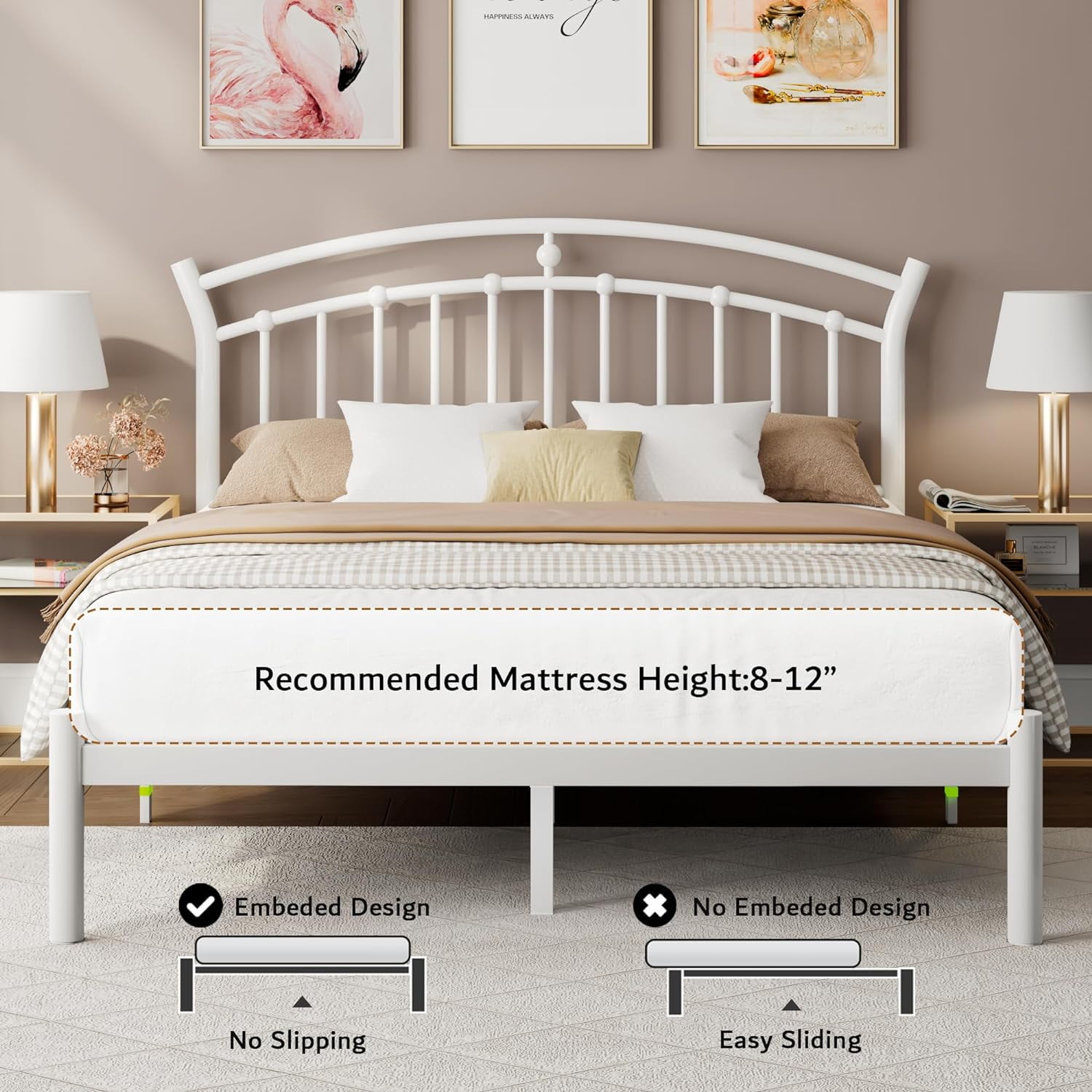 Laisnet Queen Size Bed Frame with Headboard & Footboard, Noise-Free & Under-Bed Storage, Vintage Victorian Metal Platform, White