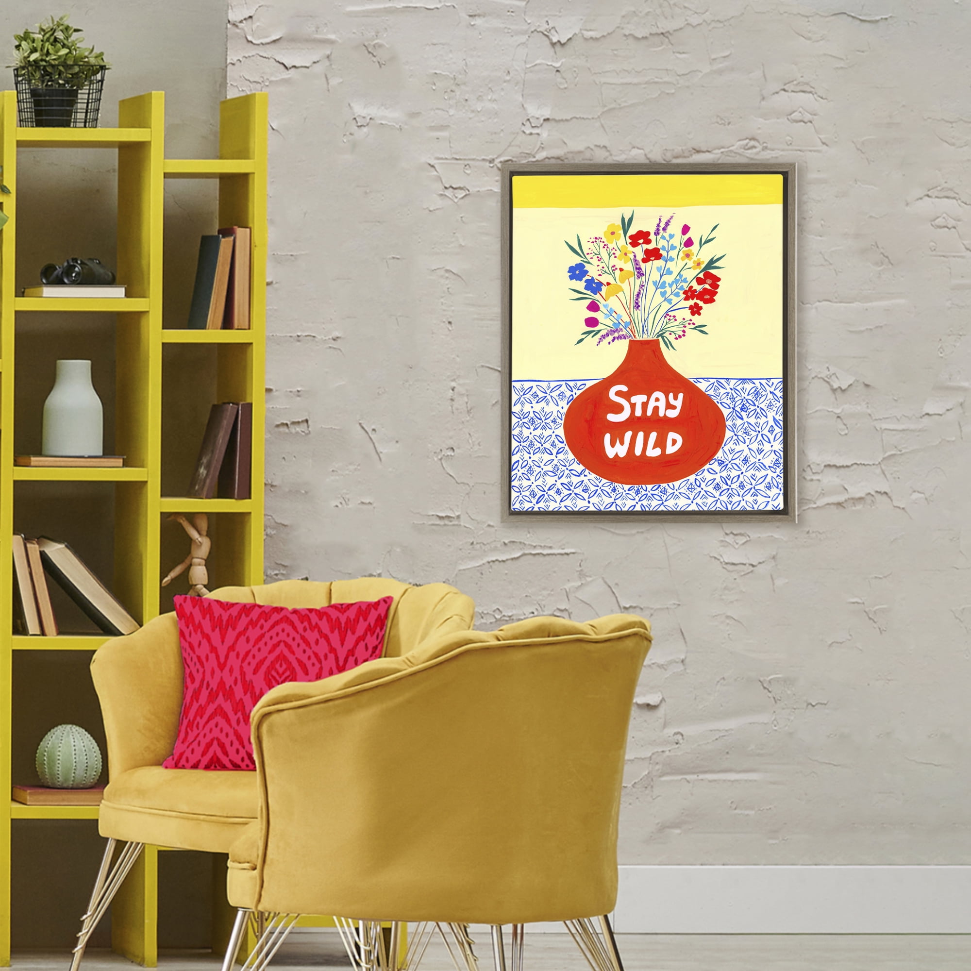 Stay Wild Midcentury Flowers Brown Framed Floater Canvas Wall Art, design by Nabeela Rumi