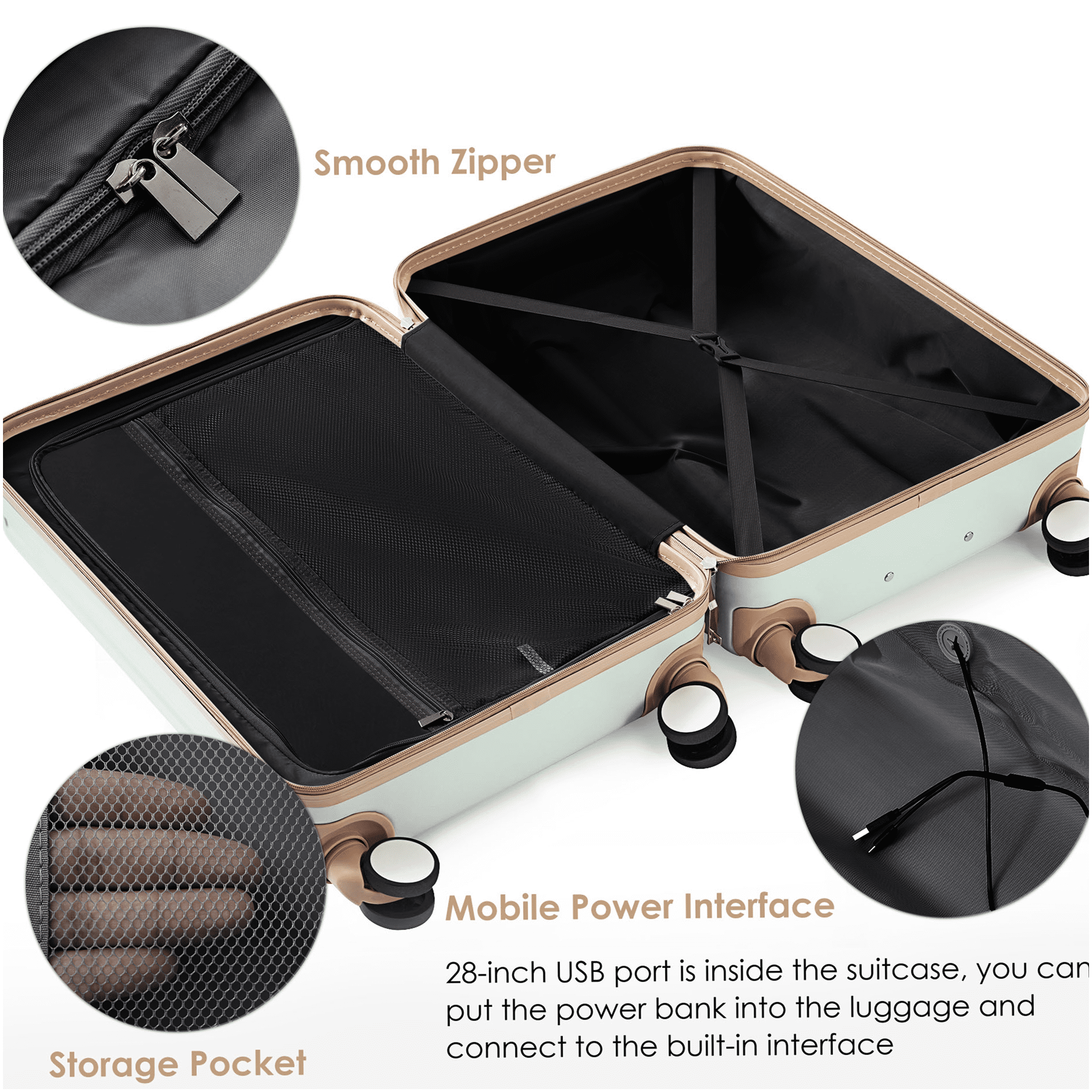 3-Piece ABS Hard Shell Luggage Set with USB Ports, Front Opening Suitcases, 360° Spinner Wheels & Cup Holder, Gray
