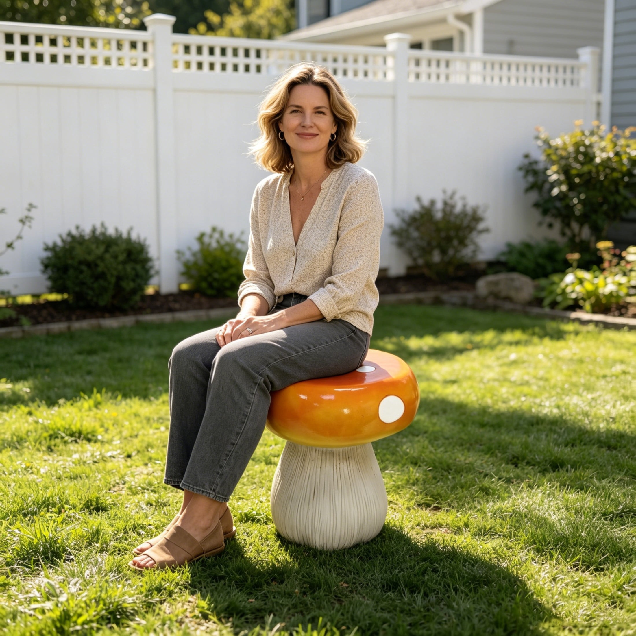 Noble House Art Mushroom Stool, Cute Fairy Decorative Statue, Outdoor Creative Figurine Seat for Patio, Garden, Orange