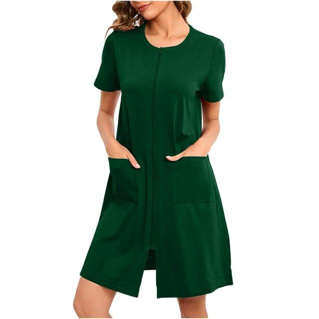 Karight Womens Zipper Front House Dress Short Sleeves Zip Up Bathrobes Lightweight Knee Length Short Housecoat Loungewear