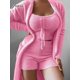 thumbnail image 3 of Joskaa-Pijama de terciopelo liso para mujer, conjunto de 3 piezas, abrigo de manga larga, camiseta sin mangas y pantalones cortos, ropa de casa de lana suave y cálida para Navidad, 3 of 4