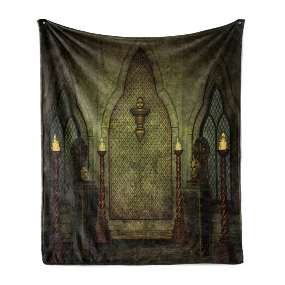 Gothic Soft Flannel Fleece Blanket, Fantasy Scene with Old Fashioned Wooden Torch and Skull Candlesticks in Dark Spooky Room, Cozy Plush for Indoor and Outdoor Use, 70" x 90", Brown, by Ambesonne