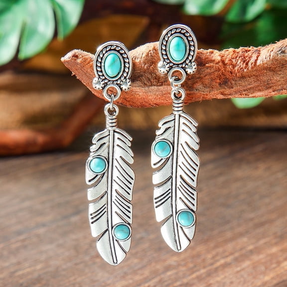 Bohemian style Alloy Acrylic Stud Dangle Earrings Antique Silver Feather 70x20mm
