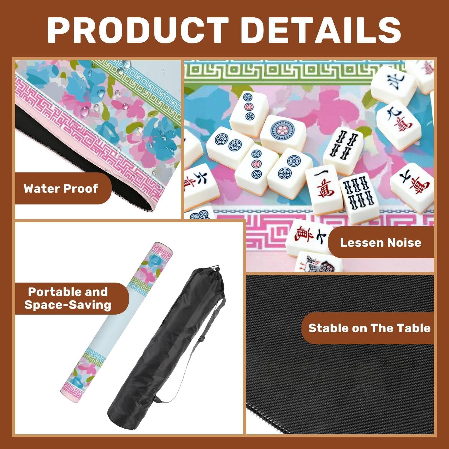 Mahjong Mat 31.5" x 31.5" Floral Pink Blue Watercolor Geometric Border Design Non-Slip Noise Reduction Mahjong Tiles Table Cover for Dominoes Poker Card Board and Tile Games
