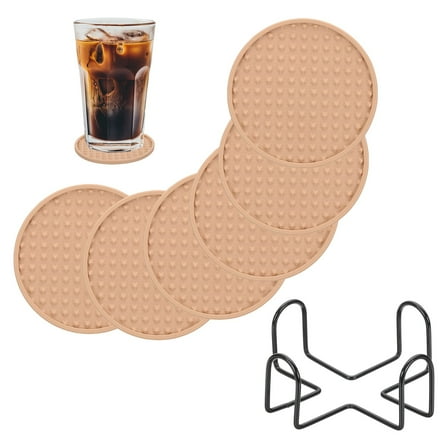 Uxcell Set of 6 Round Drink Coasters with Holder, 4" Silicone Coaster for Drinks Non-Slip Cup Coaster Heat Resistant Glass Cushion for Bar Kitchen Office Decor, Beige(Pentagon)