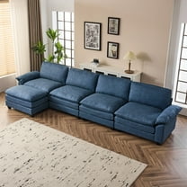 Zimtown Sectional L-Shaped Sofa with Ottoman, 6-8 Person Living Room Couch, 4 Seater and 1 Ottoman, Double-Layered Burlap, Blue