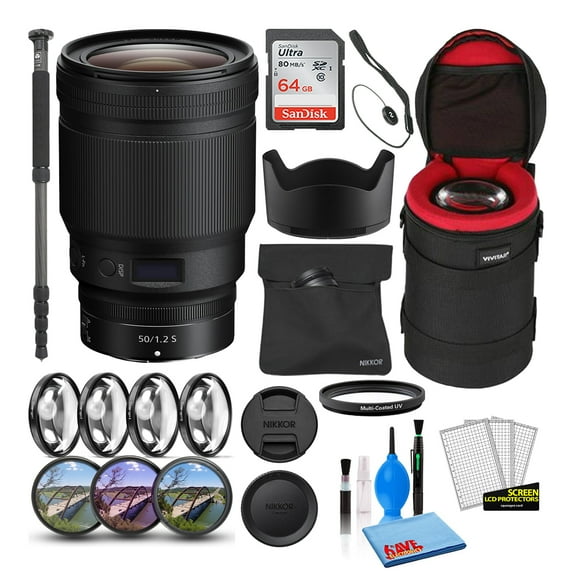 Nikon NIKKOR Z 50mm F/1.2 S Prime Lens (20095) Bundle with 64GB Ultra SDHC Memory Card   Padded Lens Case   70-Inch Pro Monopod   8-Piece Filter Kit (Macro, UV, CPL, FLD)