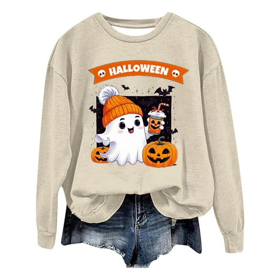 Women's Halloween Printed Crewneck Sweatshirt Fall Fashion Long Sleeve Casual Pullover Soft Comfortable Tops for Women