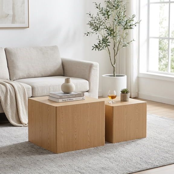 Set of 2 Natural Wood Grain Nesting Cube Coffee Tables - Modern Living Room Accent
