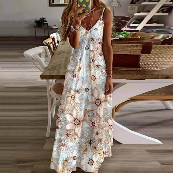 Pisexur Maxi Dress for Women Summer Sexy V-Neck Floral Printed Casual Loose Sleeveless Long Dress Beach Dress