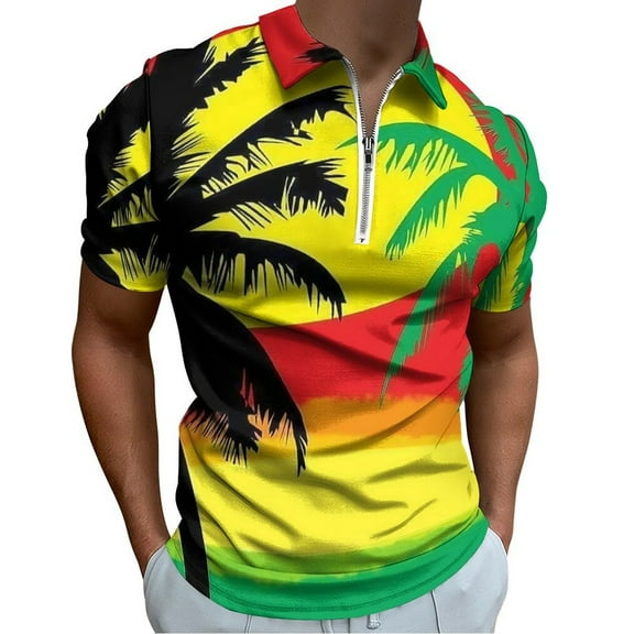 Palm Trees in Jamaica Colors Men Zipper T-shirt Summer Casual Short Sleeve T-shirt Top