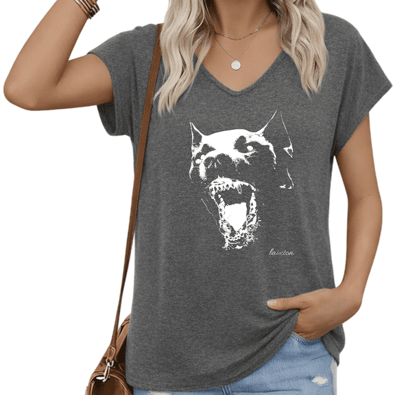 UNISHE Women Pitbull Face V Neck Short Sleeve T Shirt Dog Lover Graphic Casual Plus Size Tee S-5XL