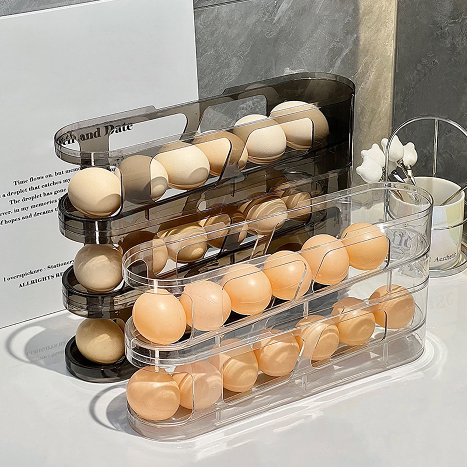 OIUR 1/2/3Pcs Fridge Egg Holder Large Capacity Multi-layer Transparent Design Stackable Automatic Rolling Egg Dispenser