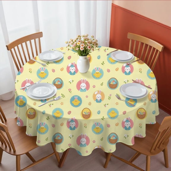 Easter and Chicks Yellow Pattern Round Tablecloth 60", Wrinkle-Resistant Wipeable Cover for Kitchen, Dining, Picnic & Patio