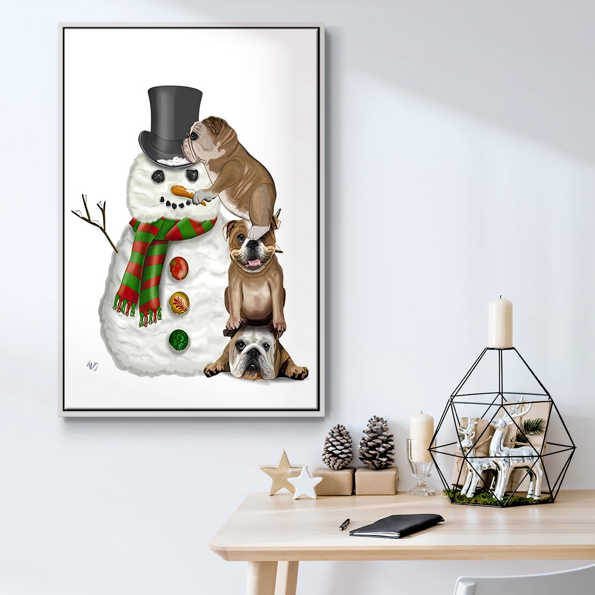 Christmas English Bulldogs Building Snowman - Framed Gallery Wrapped Holiday Canvas - 17 x 25 - White Frame