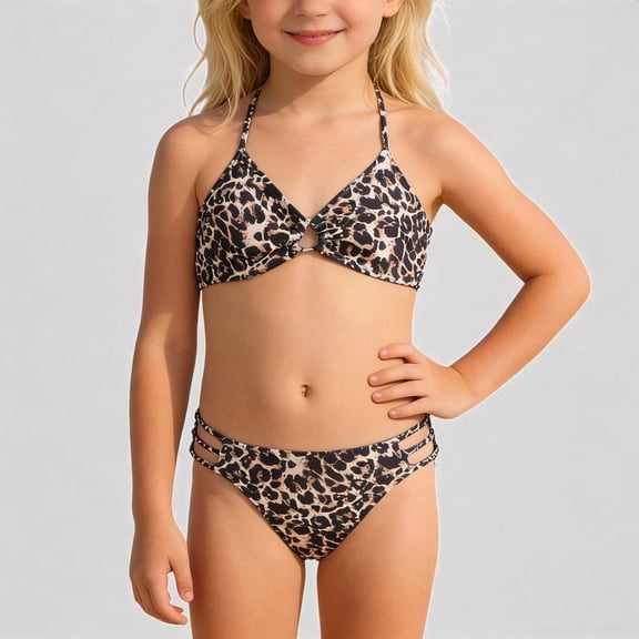 Krdevn Girls 2-Piece Leopard Print Bikini Set, Halter Triangle Top with Cutout Strappy Bottoms, Summer Beach Swimwear for Kids,12-13 Years