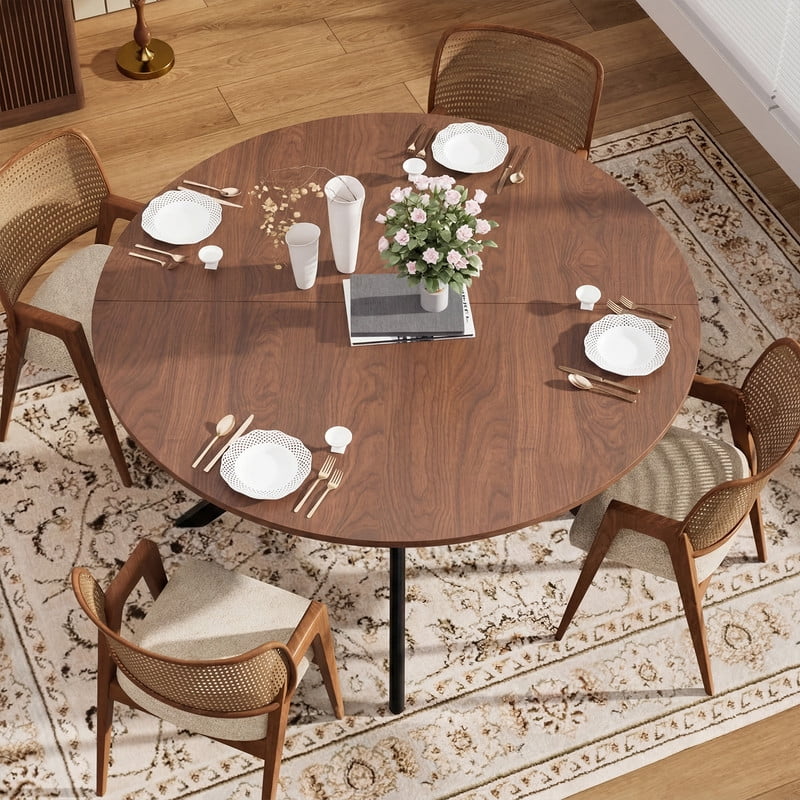 Hawsaiy 47" Round Dining Table for 4-6, Modern Farmhouse Kitchen Table with Metal Legs, Wood Circle Dinner Table for Kitchen & Dining Room, Walnut