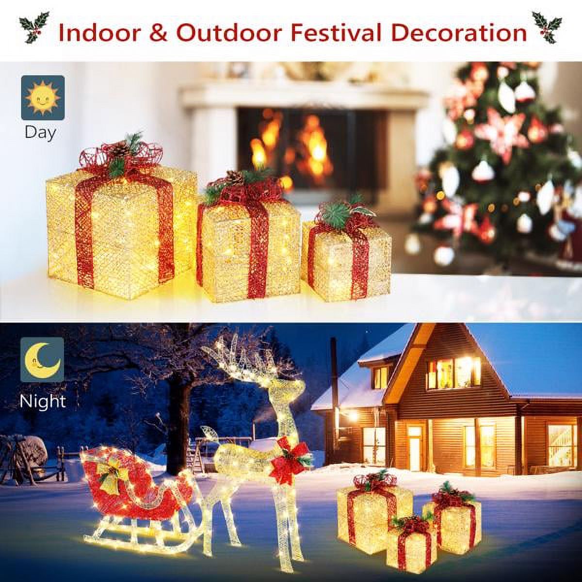 3PCS Golden Gift Box, Garden Gift Box Decoration 5M Long Power Cord, 10 inch 8 inch 6 inch
