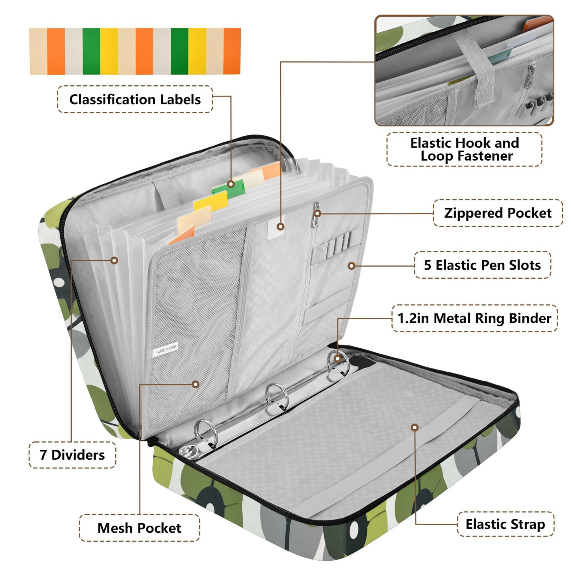 FORMRS Accordion File Folder A4 Size 7-Pocket Expanding Document Organizer Bag with 3 Ring Binder, Gray Floral