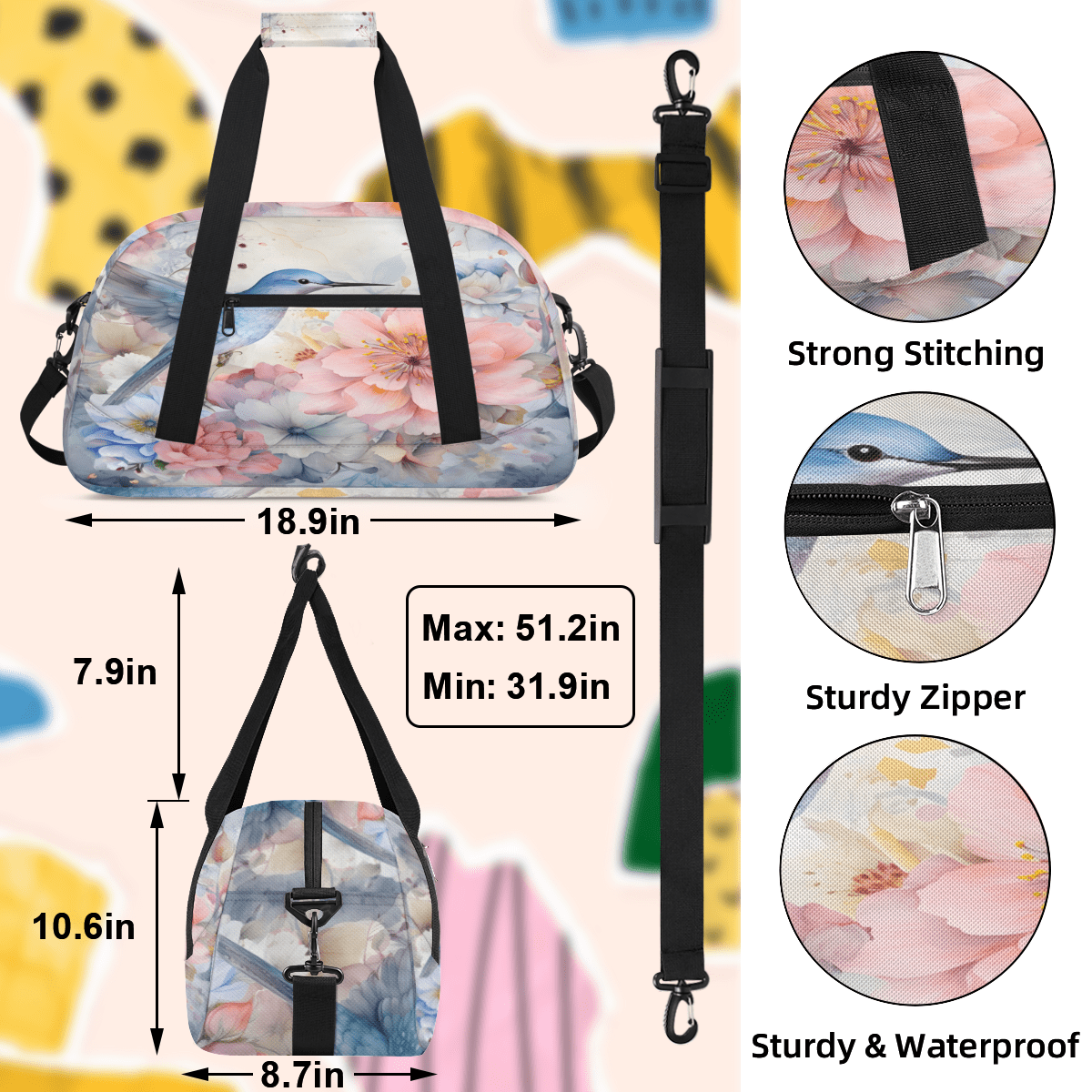 Herdesigns Flower Floral Sports Duffle Bag for Women & Men, Hummingbird Gym Bag Dance Bag Overnight Bag Carry On Weekender Travel Bag