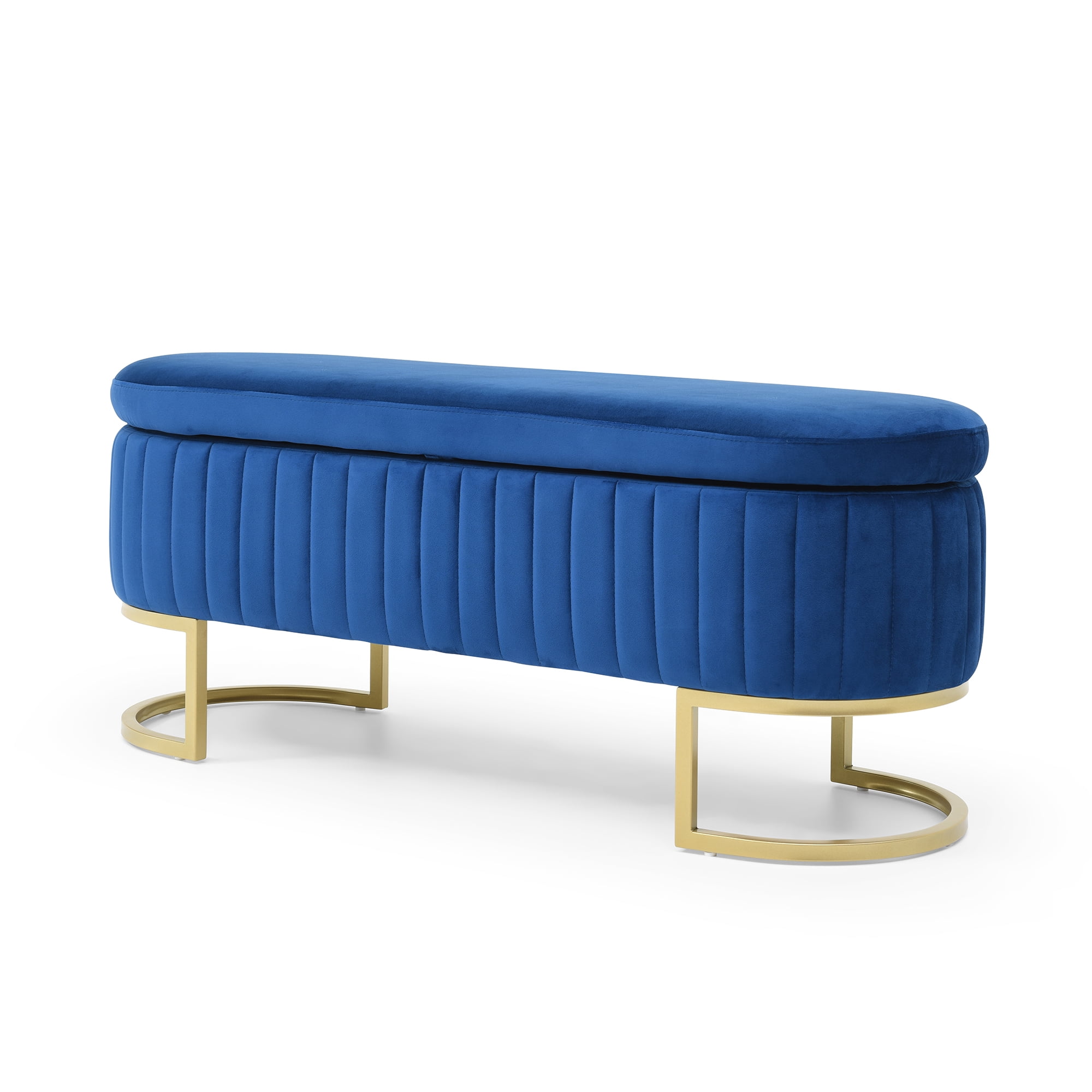 Miniyam Storage Bench Bedroom Bench, Velvet Oval Upholstered End of Bed Bench with Golden Metal Legs,Modern Storage Ottoman Bench,Blue