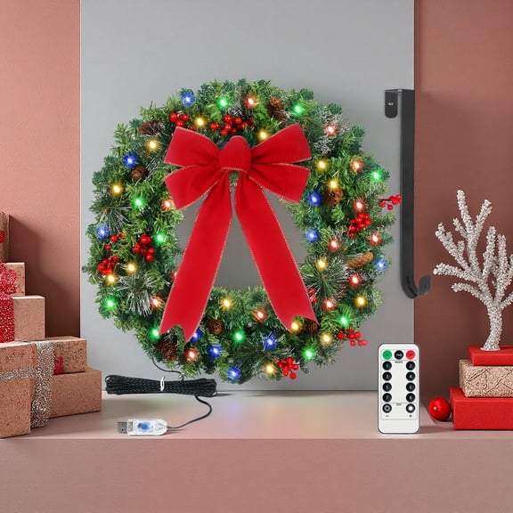 24" Christmas Wreath, Frosted Fir with Multicolor LEDs and Timer