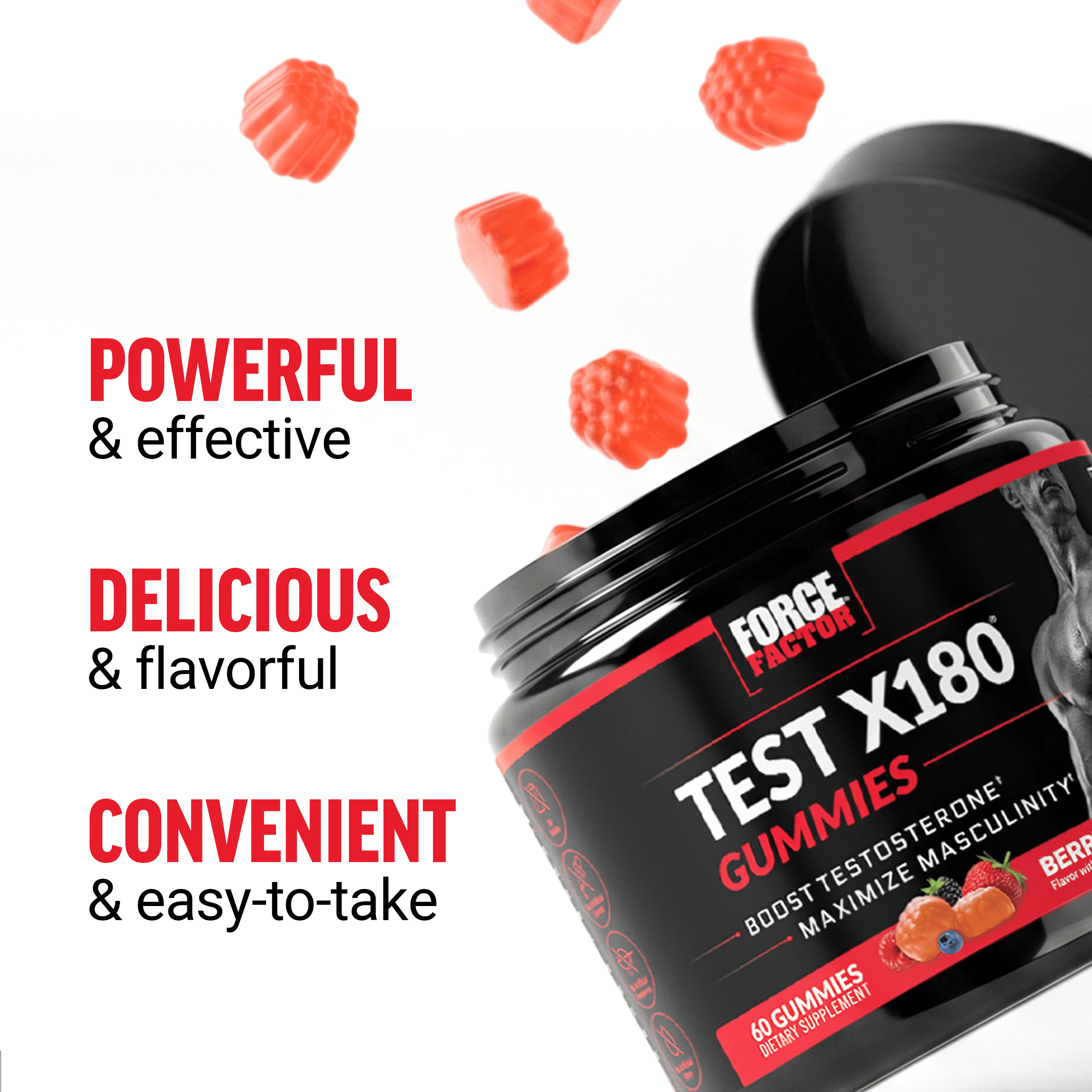 Force Factor Test X180 Gummies Testosterone Booster for Men with Tongkat Ali, Horny Goat Weed, Tribulus Terrestris, Fenugreek, and Black Maca, Testosterone Supplement for Men, Berry Punch, 60 Gummies