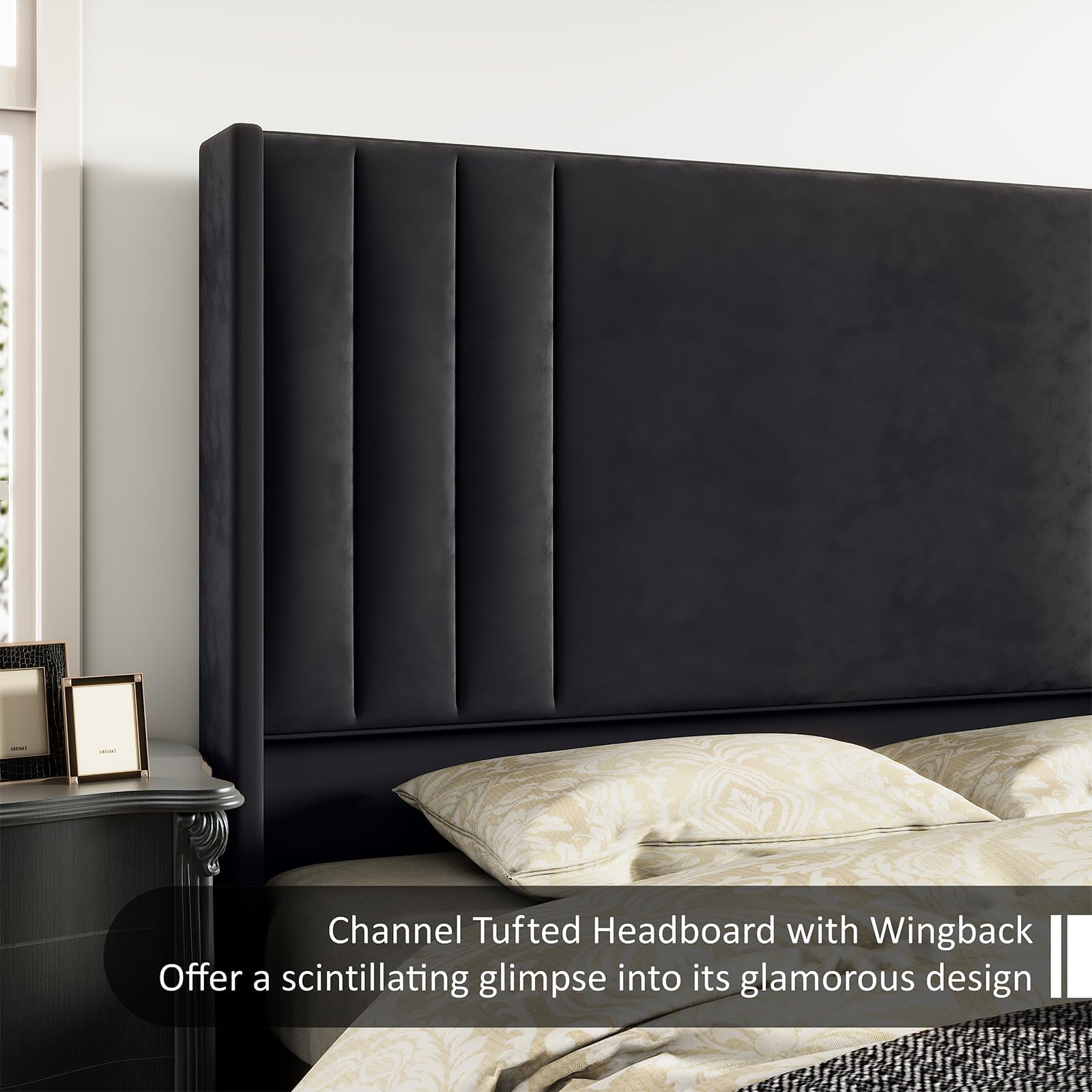 Amerlife Queen Size Bed Frame with Velvet Upholstery, Tufted Headboard and Footboard, Black