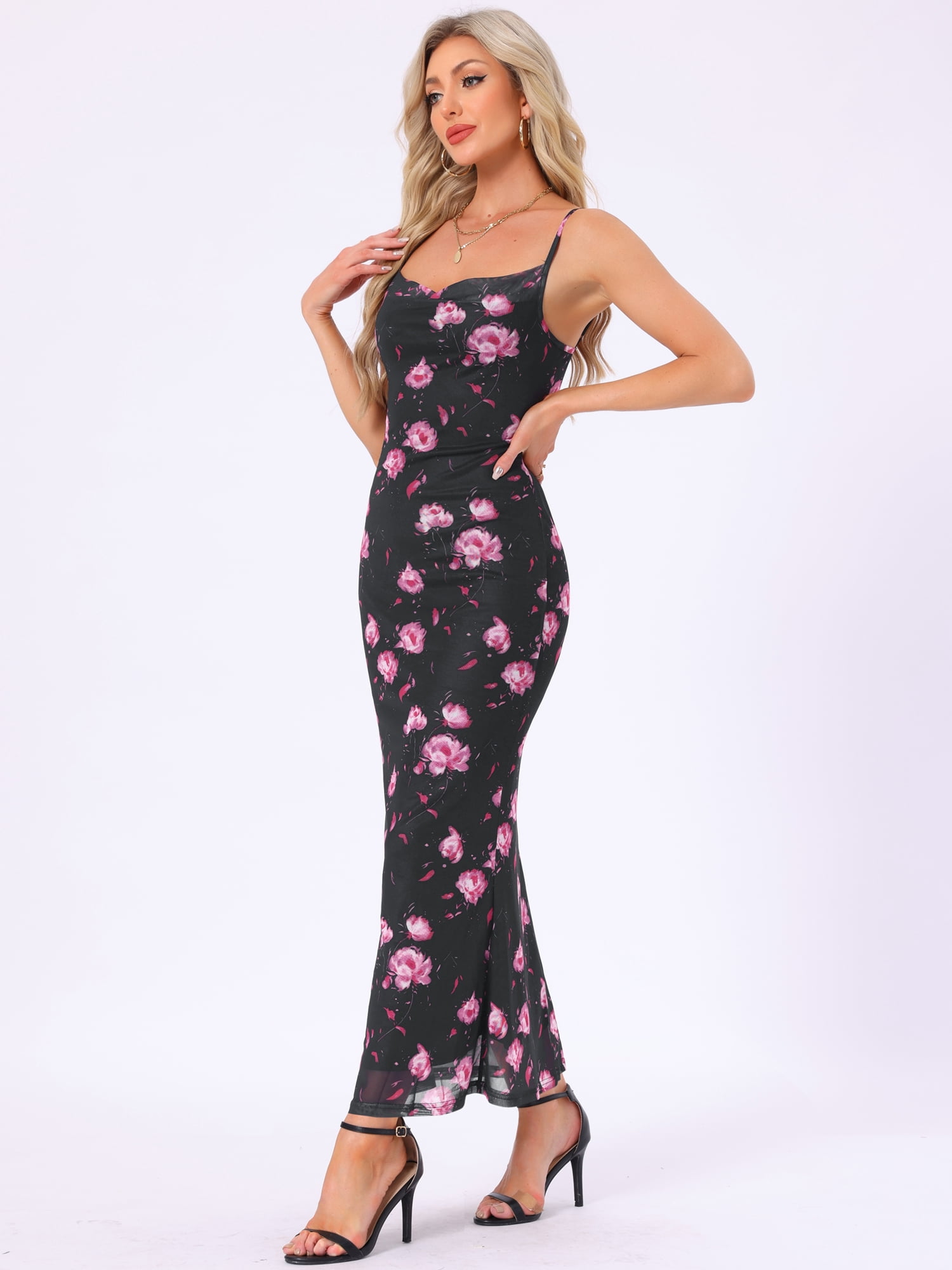 DARING DIVA Floral Maxi Spaghetti Strap Bodycon Dress XL Black