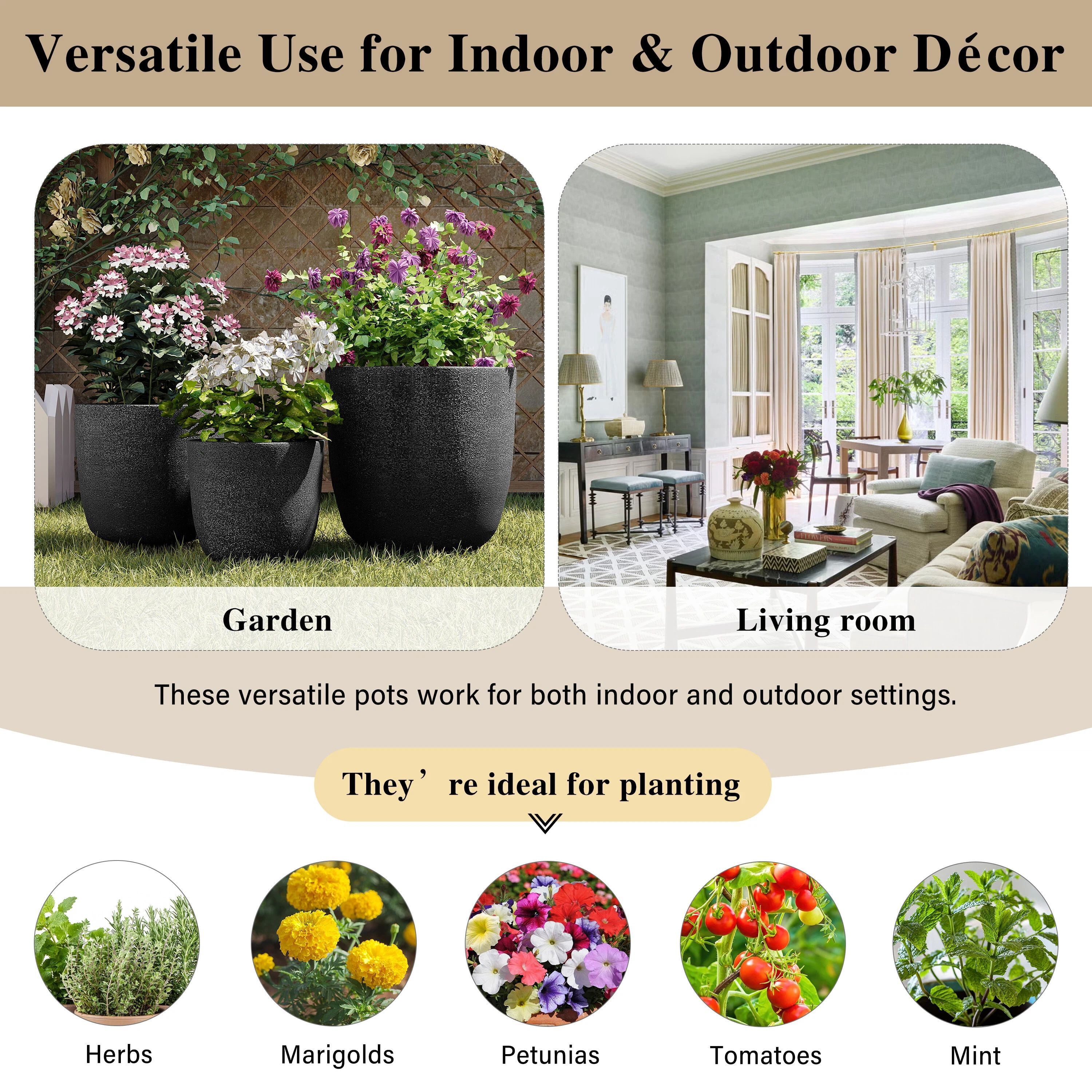 Euroco Lightweight Flower Pot Set of 3, 16.93"+13.98"+11.22" Dia Round Concrete Stackable Planter with Drainage Holes and Rubber Plug,Modern Decorative Pots for Indoor Outdoor,Patio Garden Balcony