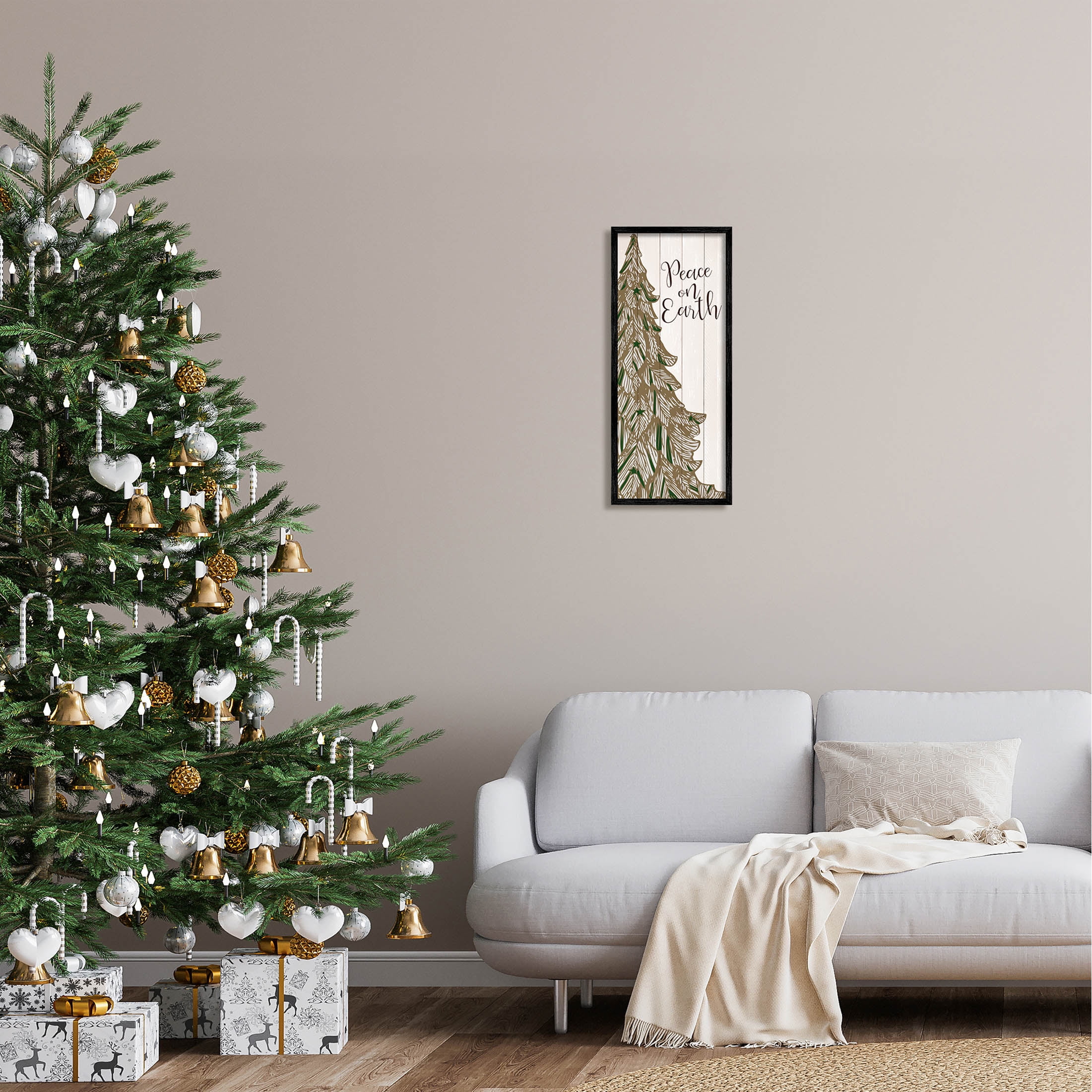 Stupell Industries Peace On Earth Tree Phrase Graphic Art Black Framed Art Print Wall Art, Design by Kim Allen