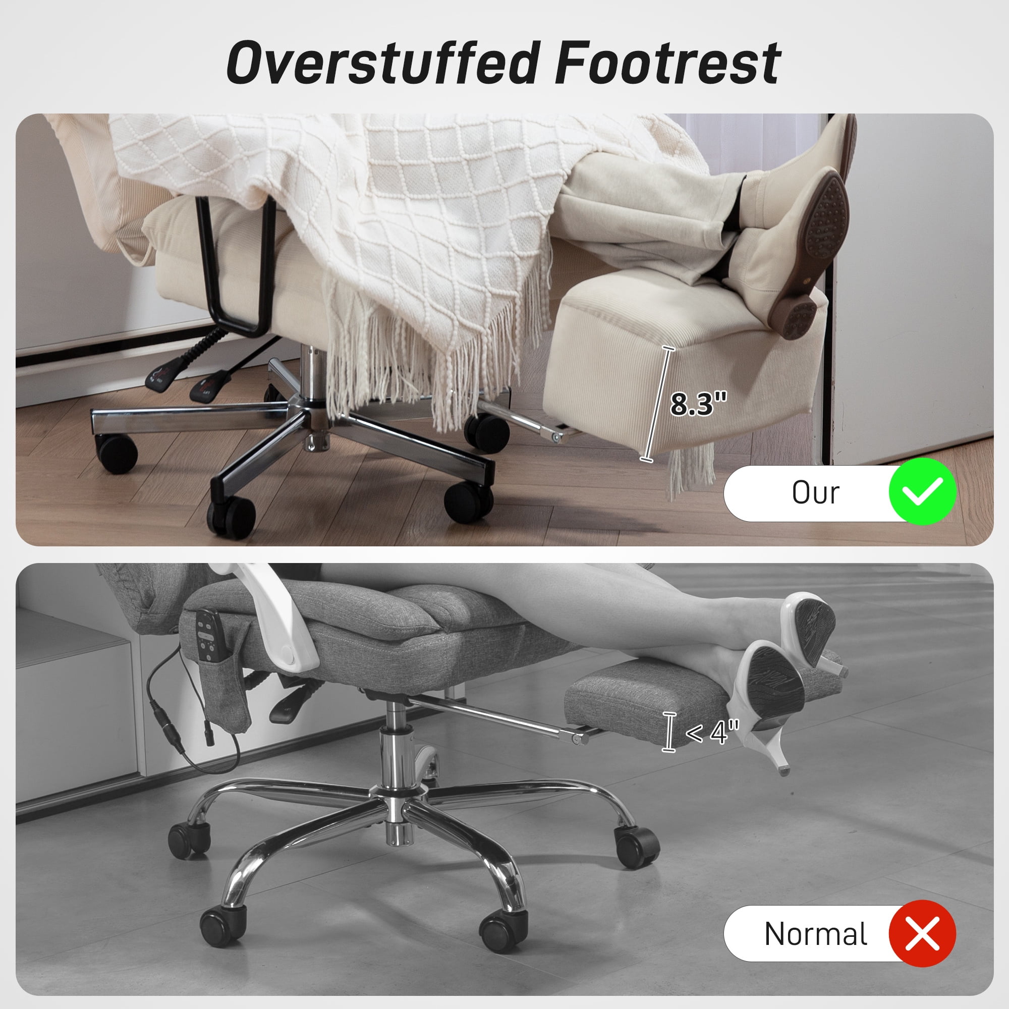HOMCOM Large Overstuffed Office Chair, High Back Desk Chair with Lumbar Support, Footrest, Swivel Wheels, Reclining Computer Chair, Cream White