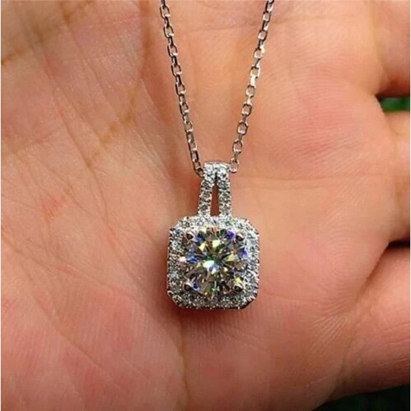 OM Jewels 2Ct Moissanite Round Cut Women Halo Pendant 14K White Gold Plated Free Chain
