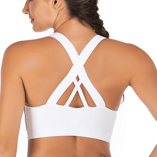 Sports Bra for Women, Criss-Cross Back Padded Strappy Sports Bras Medium  Support Yoga Bra with Removable Cups White L