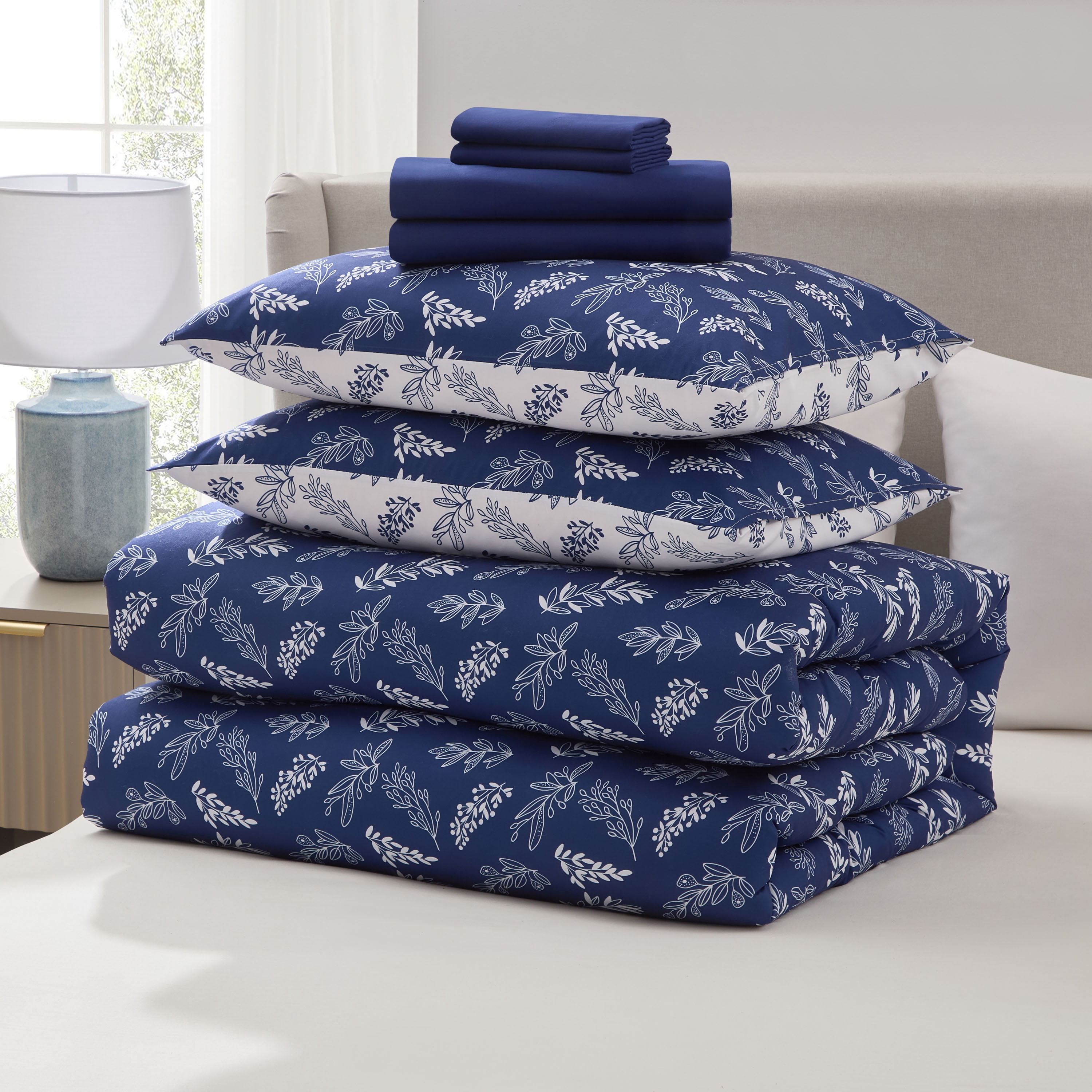 LammaLoe Twin Comforter Sets, 5 Piece Botanical Bed in a Bag, Reversible Bedding Comforter Set with Sheets, Modern Bed Set, Majestic Blue/Lunar Gray