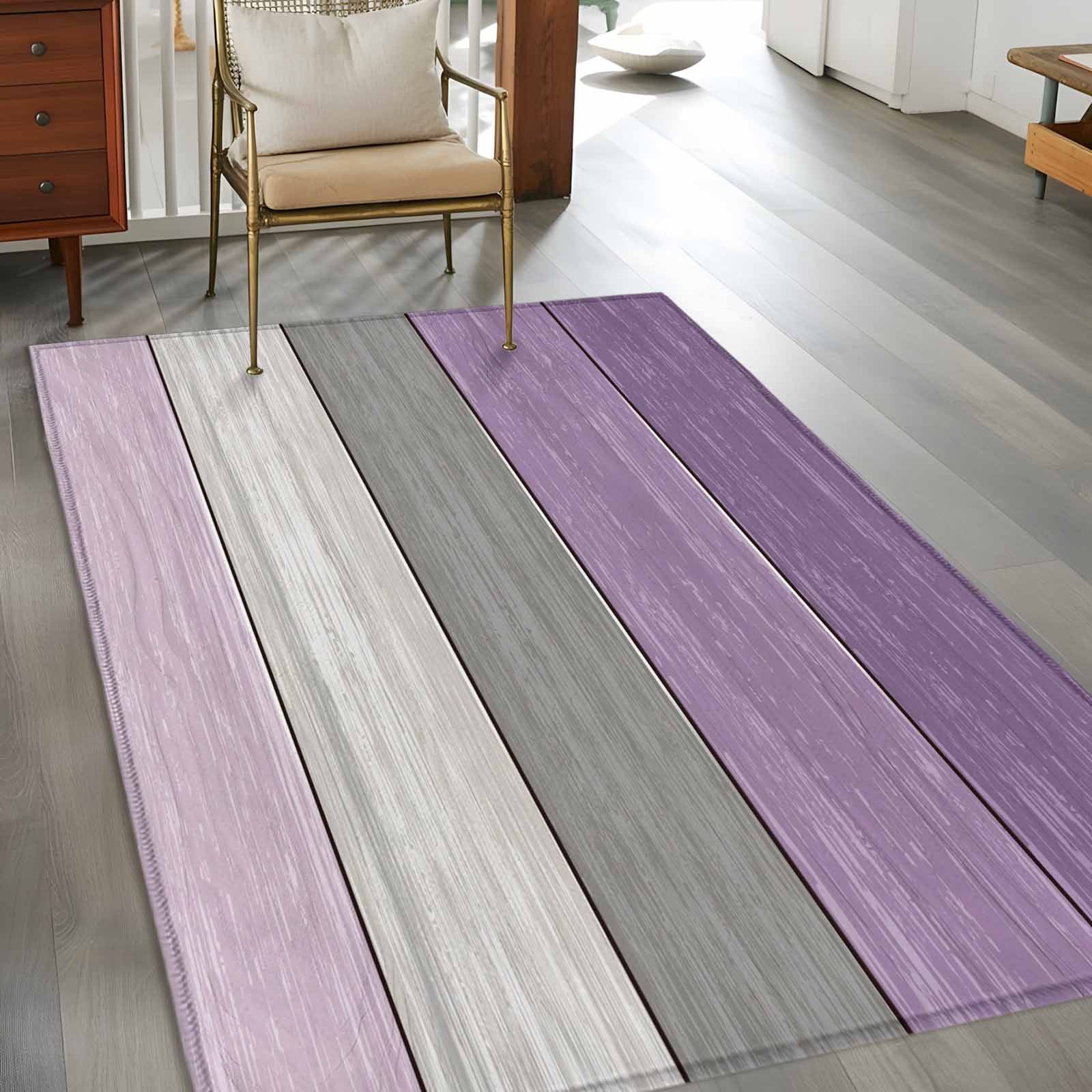 Area Rug for Living Room, Purple Grey Wood Grain Non-Slip Indoor Large Carpet for Bedroom/Dining Room, Ombre Rustic Retro Wooden Plank Washable Low-Profile Rectangle Floor Mat Runner Rugs - 3 x 5 Ft