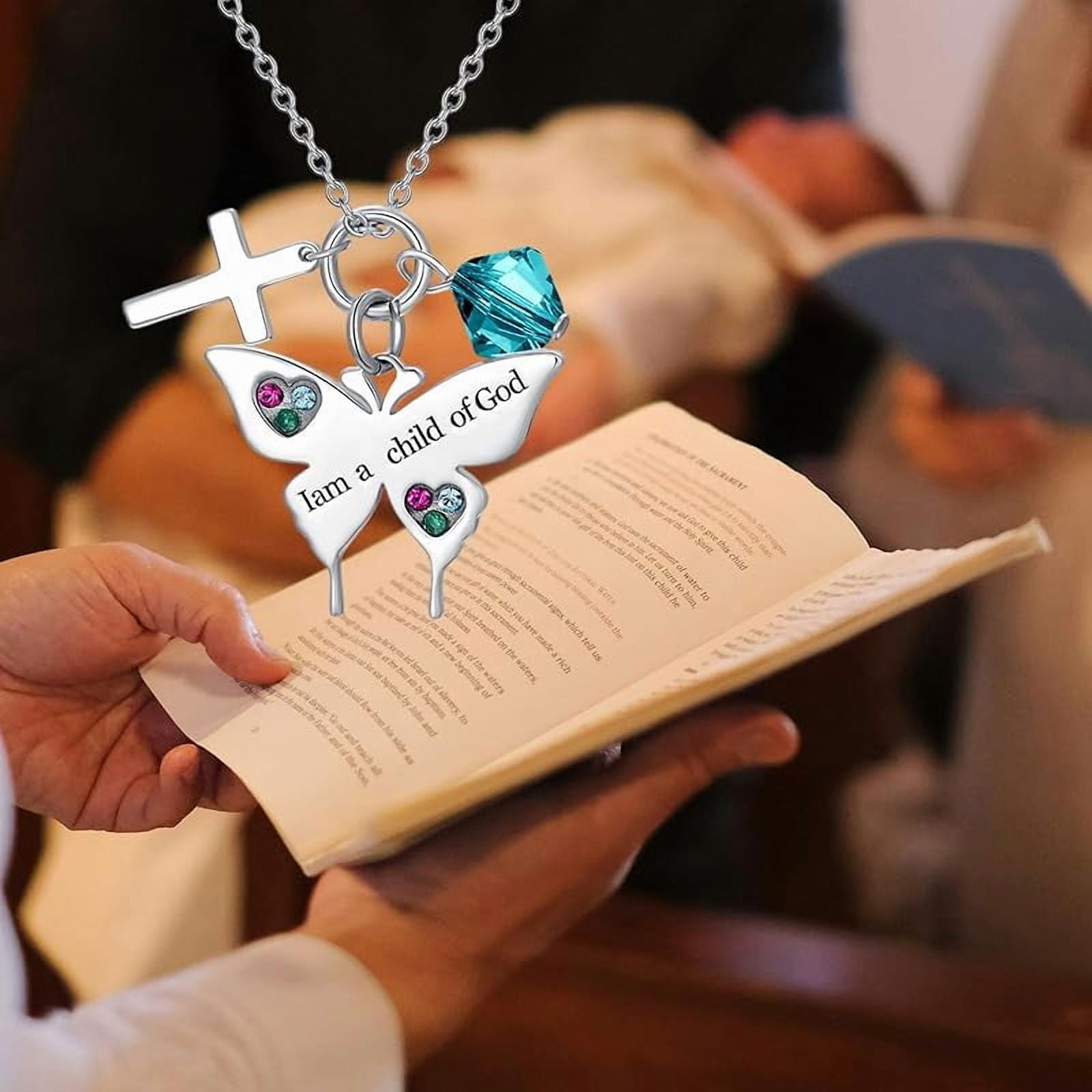 SISGEM 925 Sterling Silver Cross Butterfly Necklace Baptism Communion Birthday Conformation Gifts for Daughter Granddaughter Niece with 12 Birthstones