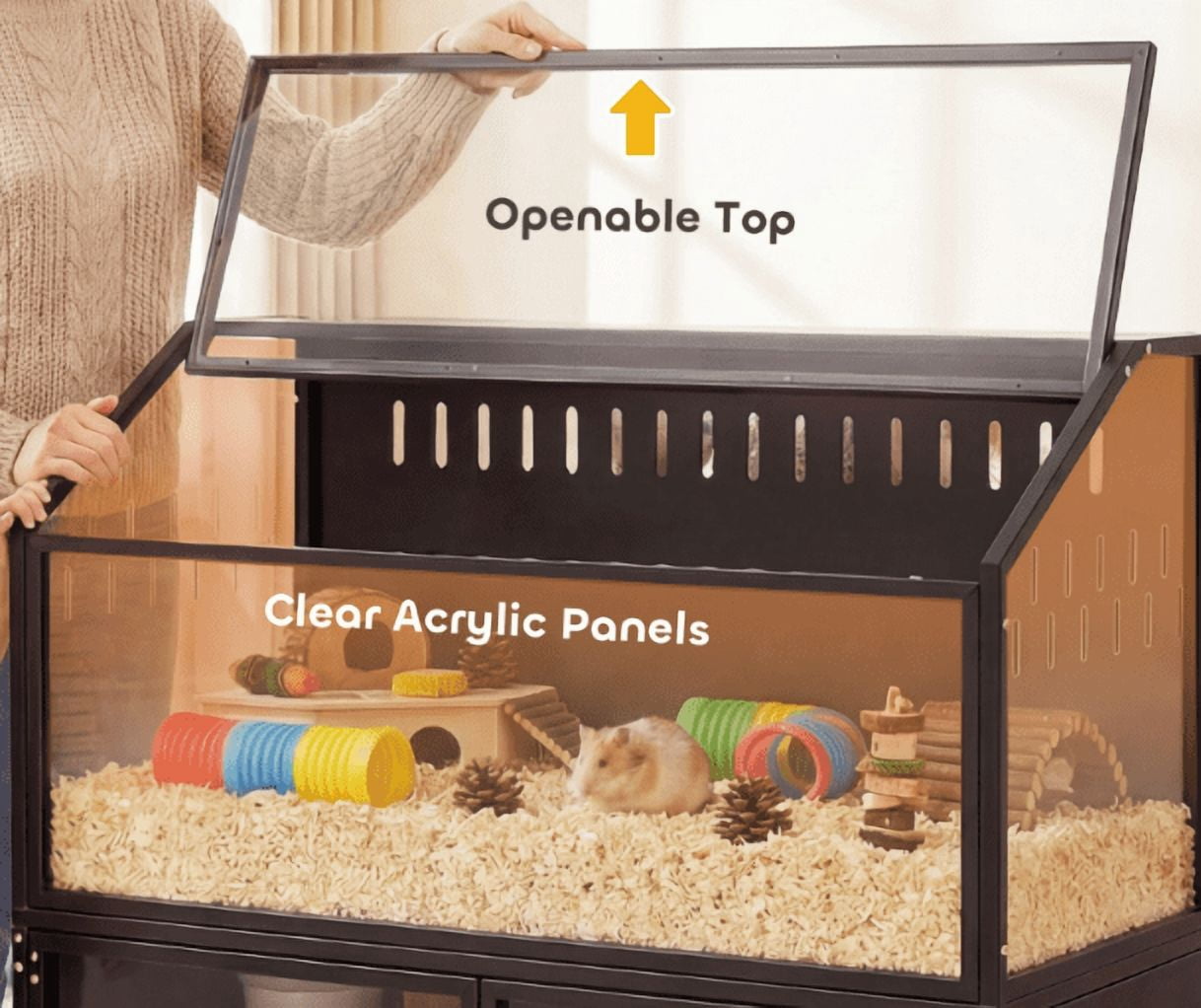 Hamster Cage with Storage, Small Animal Habitat - Guinea Pig, Gerbil, Mouse Cage with Acrylic Panels & Top Open, Black