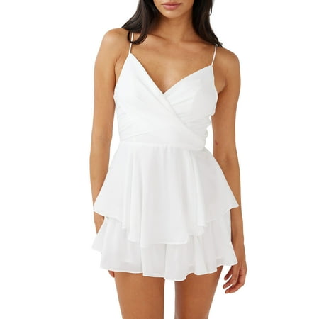 Musuos Women Casual Jumpsuit  Solid Sleeveless V Neck Backless Tie-up Layered Summer Bodysuit Clubwear