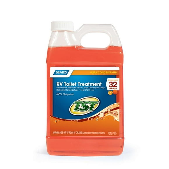 Camco 41195 TST Ultra-Concentrate Orange Scent RV Toilet Treatment, Formaldehyde Free, Breaks Down Waste And Tissue, Septic Tank Safe, Treats up to 16-40 Gallon Holding Tanks (64 oz)