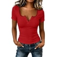 thumbnail image 2 of Women's V Neck Short Sleeve Button Down Blouse Fashion Hollow Out Eyelet Tops Cute Trendy Outfits Summer Vacation | CSEONE,Red S, 2 of 6