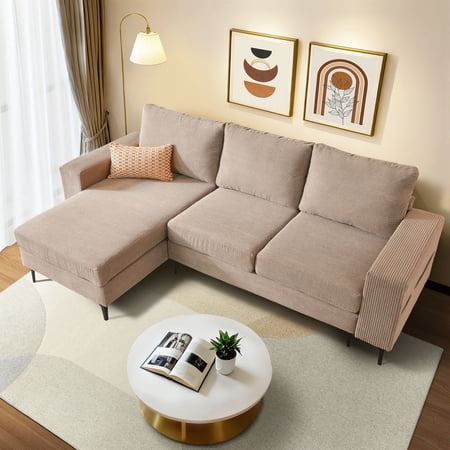 Ovios 97" Corduroy Sectional Sofa with L-shaped Chaise Modern Minimalist Upholstered 3-Seater Couch for Living Room, Camel