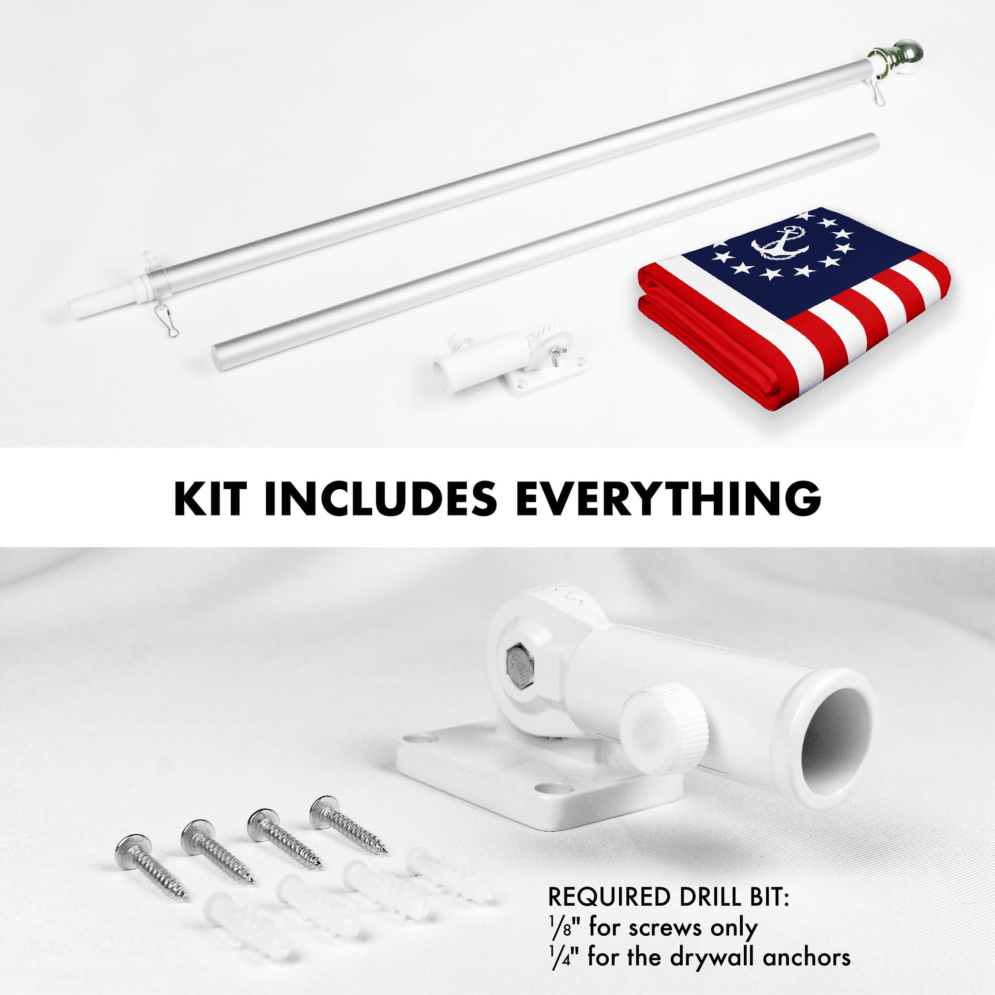 G128 Combo Pack: 6 Ft Tangle Free Aluminum Spinning Flagpole (Silver) & American USA Yacht Ensign Flag 3x5 Ft, LiteWeave Pro Series Printed 150D Polyester | Pole with Flag Included