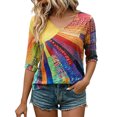 thumbnail image 4 of DHFJKG Tshirts Shirts For Women Boho Top Rainbow Print 3/4 Sleeve V Neck Loose Fit Graphic Tees Retro Bohemian Versatile Tops, 4 of 6