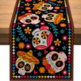 thumbnail image 1 of Mantel de lino con diseño de calavera de azúcar mexicana para el hogar, la cocina y el comedor (13 x 72 pulgadas), 1 of 5