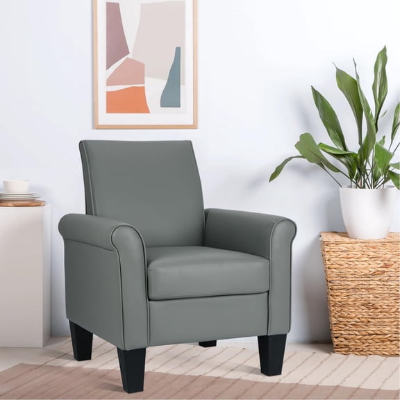 Grey PU Leather Accent Chair, Mid-Century Modern Armchair for Living Room