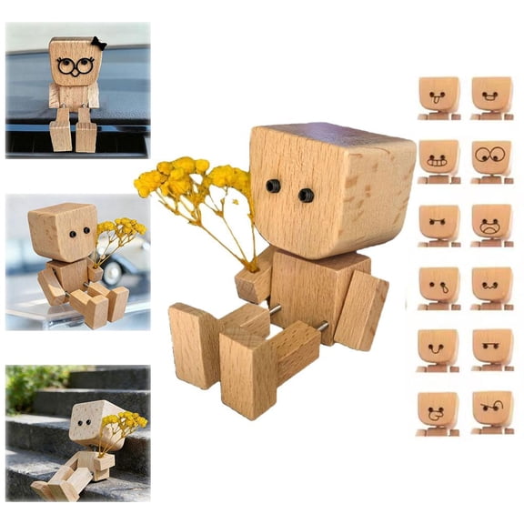 Shaking Wooden Man Figurine for Car Dashboard Decorations, Handmade Little Wooden Figure That Sways, 12 Magnetic Expressions, Shaking Feet Wooden Doll for Car