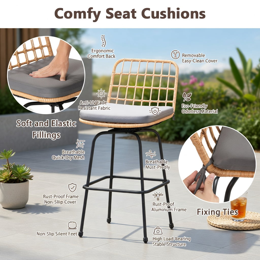 Hommoo 2-Pack Modern Swivel Bar Stools with Cushions & Light Brown PE Rattan, Heavy-Duty Outdoor Patio Barstools for Backyard, Balcony, Poolside, Gray