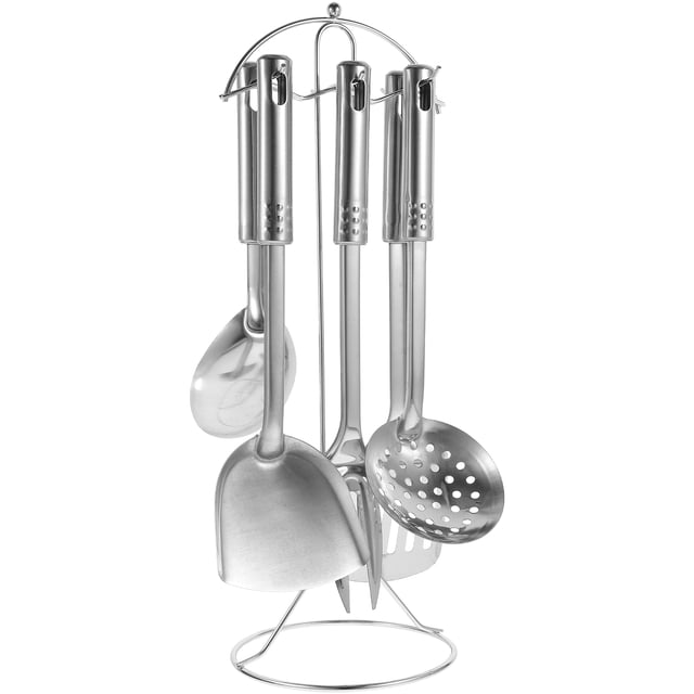 Juego de 7 herramientas de cocina de acero inoxidable, cuchara y tenedor.